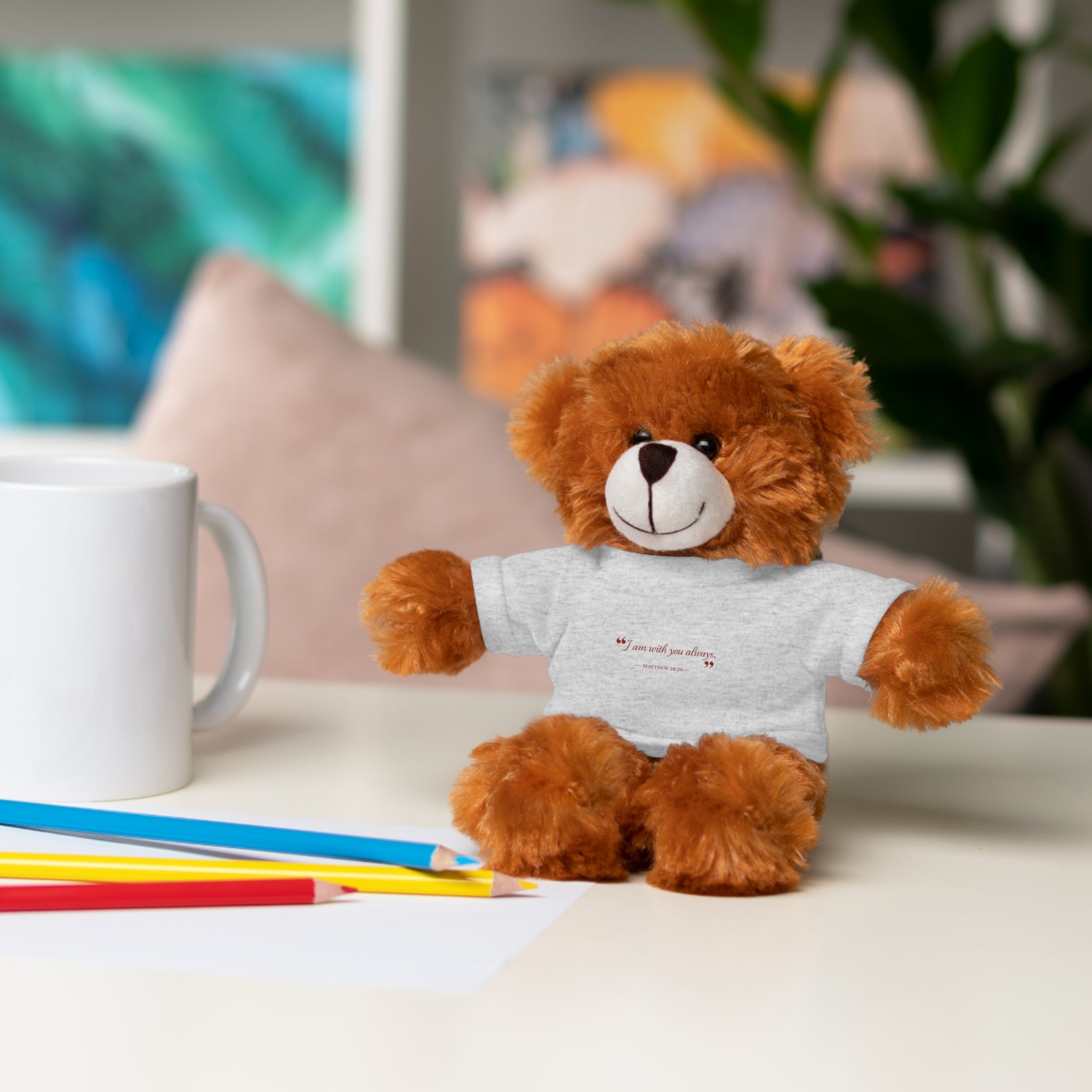 Plush Bear with “I am with you always.” — Matthew 28:20 Custom Tee – Soft Brown Teddy Gift