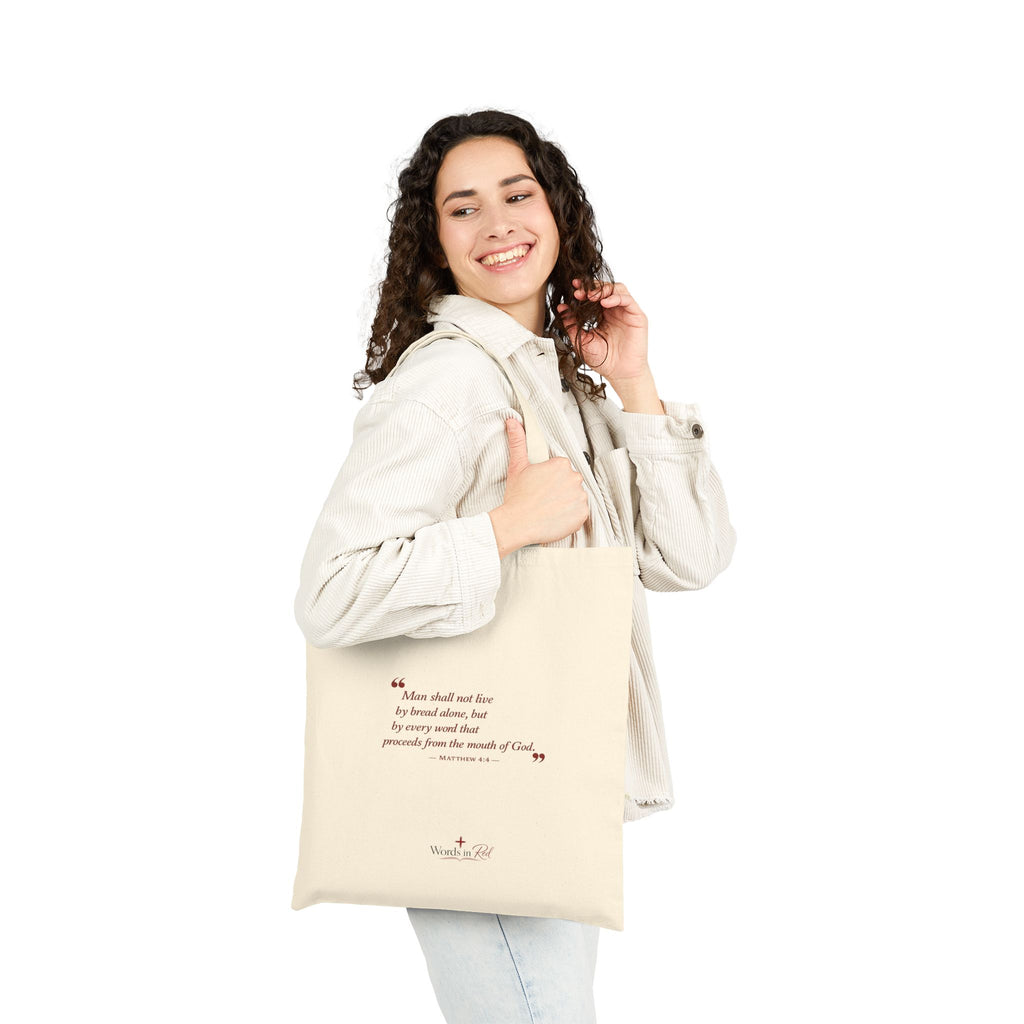 Canvas Tote Bag — Inspirational Bible Quote "Man shall not live by bread alone"