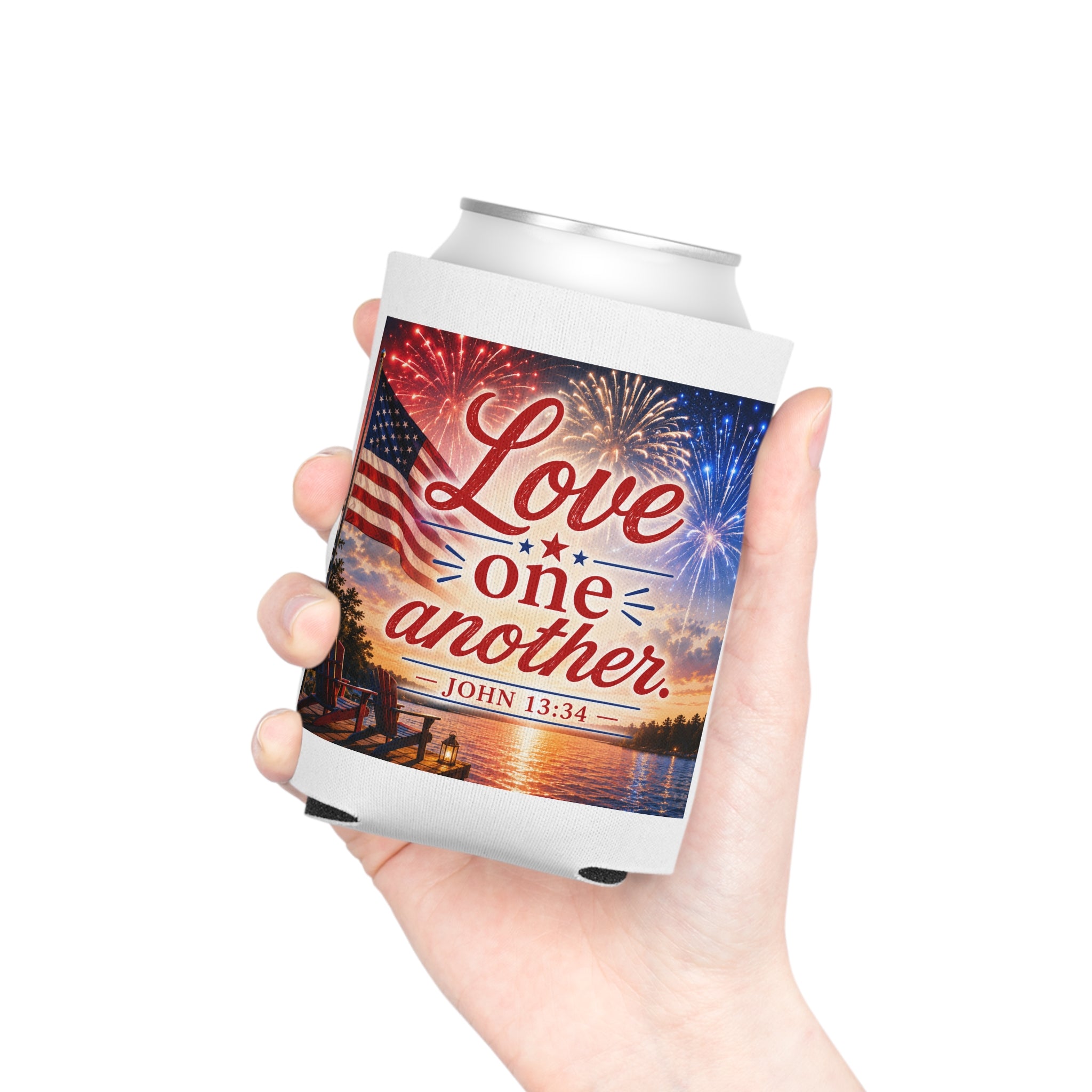 Patriotic Can Cooler "Love One Another"  — John 13:34 - July 4th Beverage Cooler