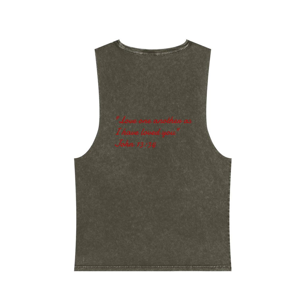Stonewash Tank Top with Red Scripture Print — "Love one another as I have loved you" (John 13:34)