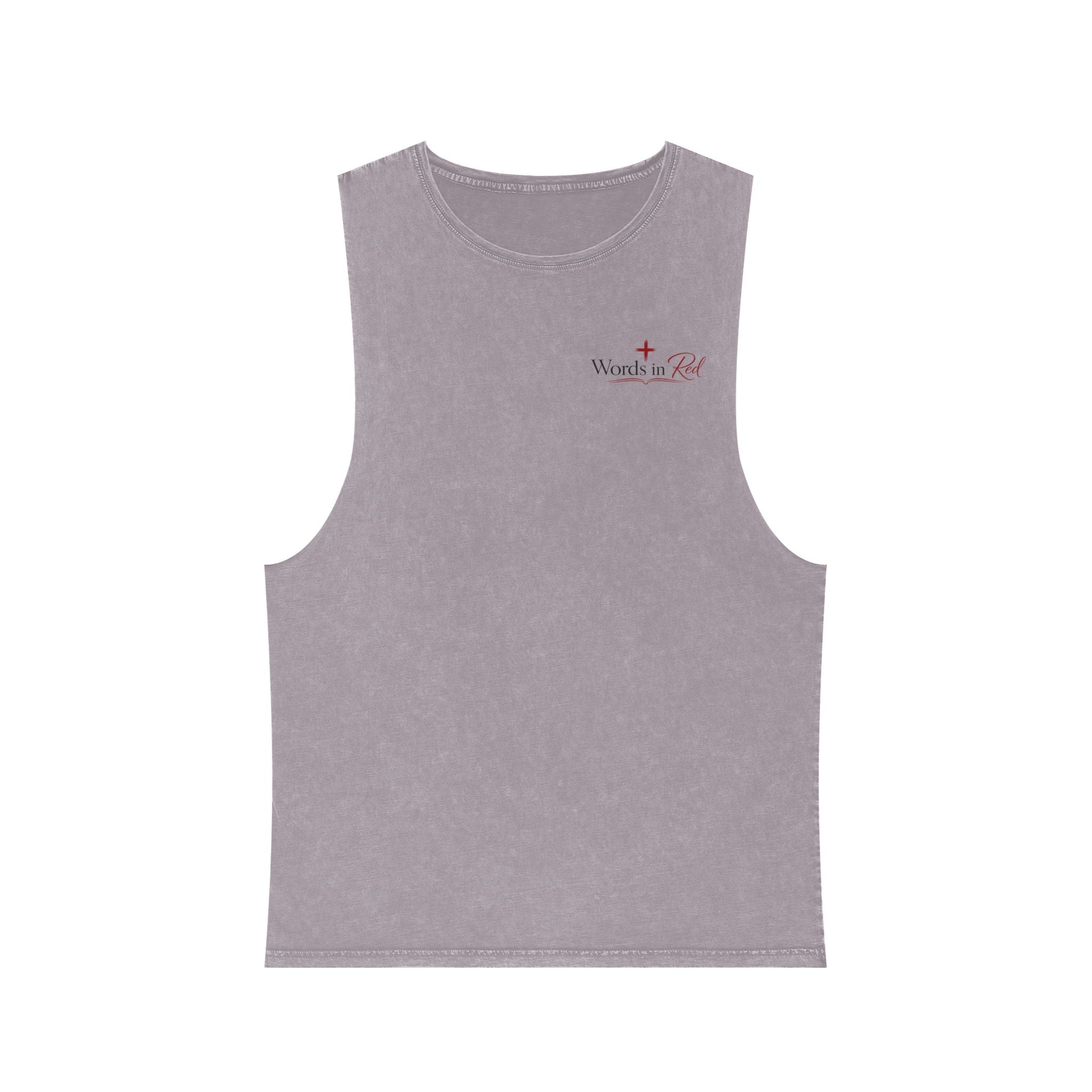 Stonewash Tank Top with Red Scripture Print — "Love one another as I have loved you" (John 13:34)