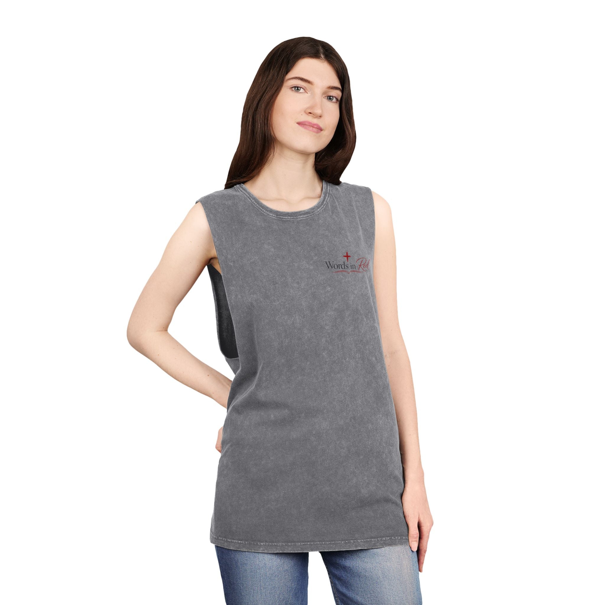 Stonewash Tank Top with Red Scripture Print — "Love one another as I have loved you" (John 13:34)