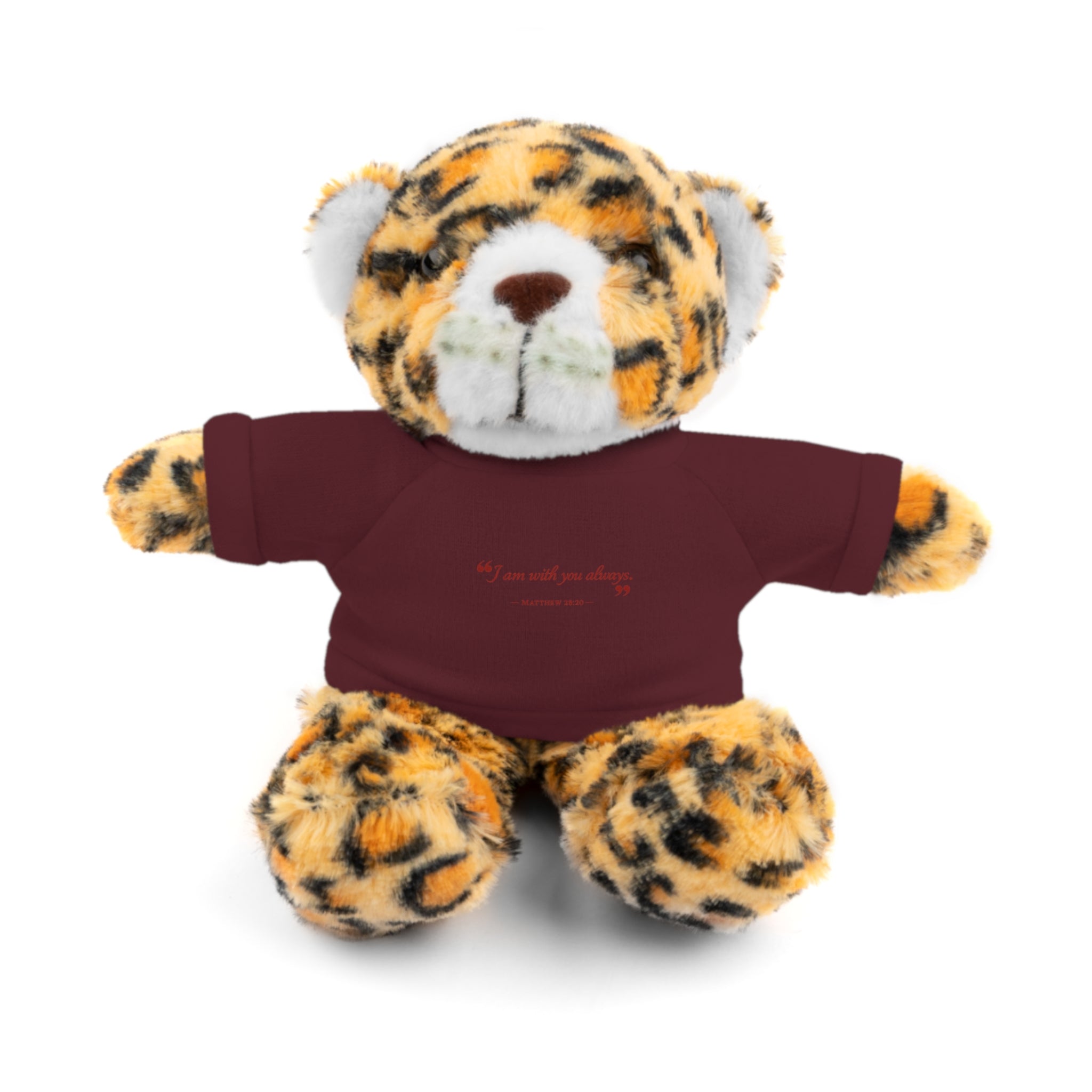 Plush Bear with “I am with you always.” — Matthew 28:20 Custom Tee – Soft Brown Teddy Gift