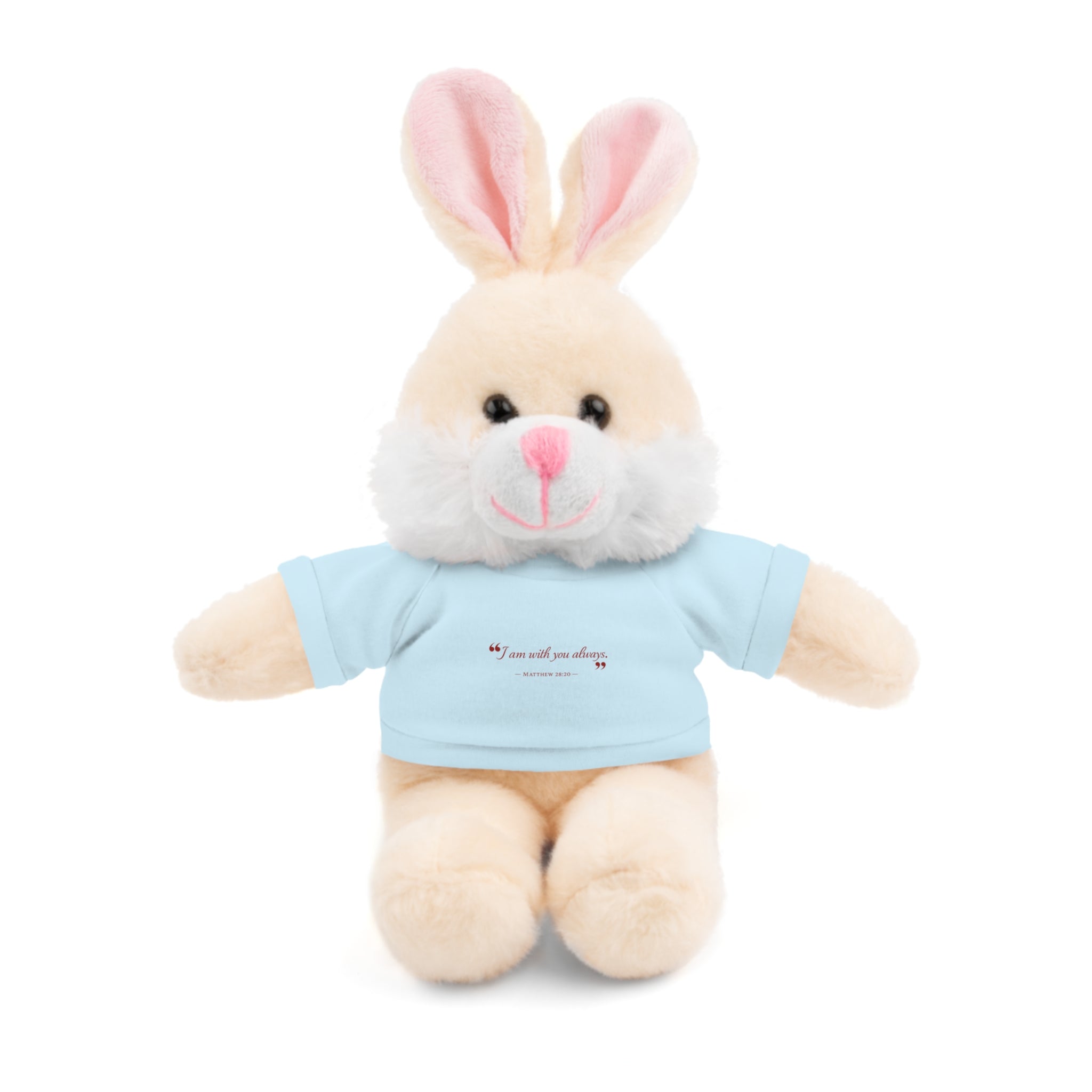 Plush Bear with “I am with you always.” — Matthew 28:20 Custom Tee – Soft Brown Teddy Gift