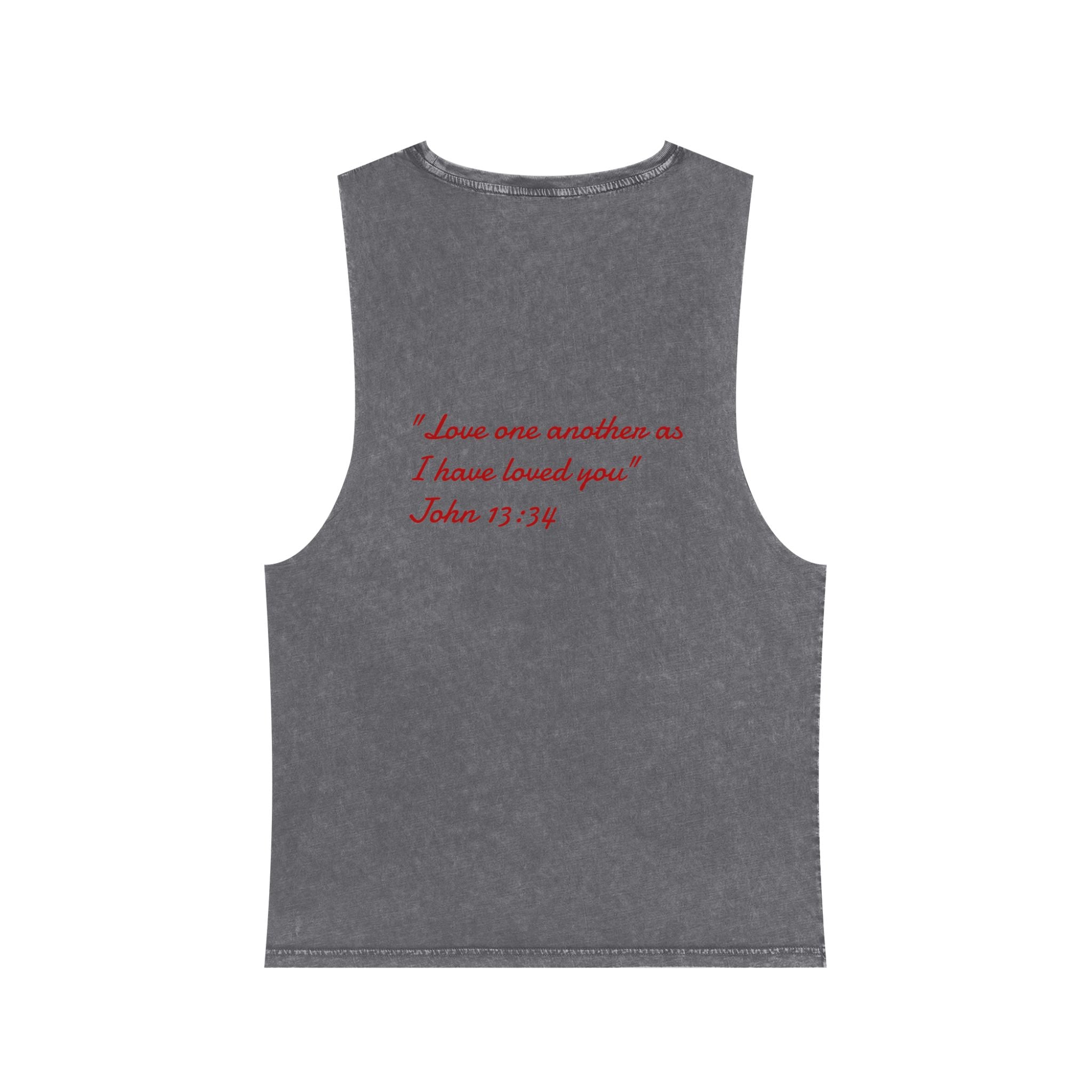 Stonewash Tank Top with Red Scripture Print — "Love one another as I have loved you" (John 13:34)