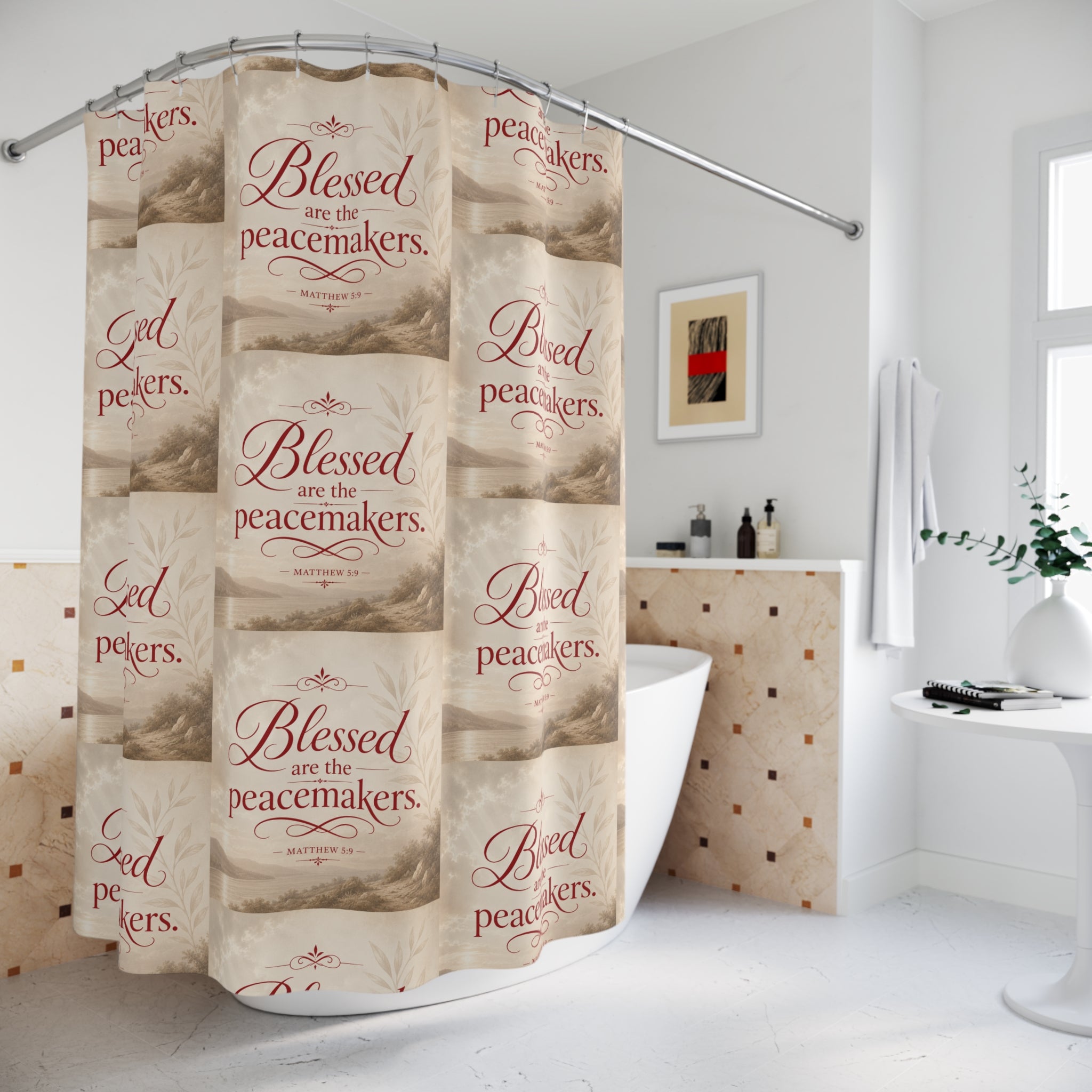 Blessed Are the Peacemakers Shower Curtain — Christian Inspirational Bathroom Decor