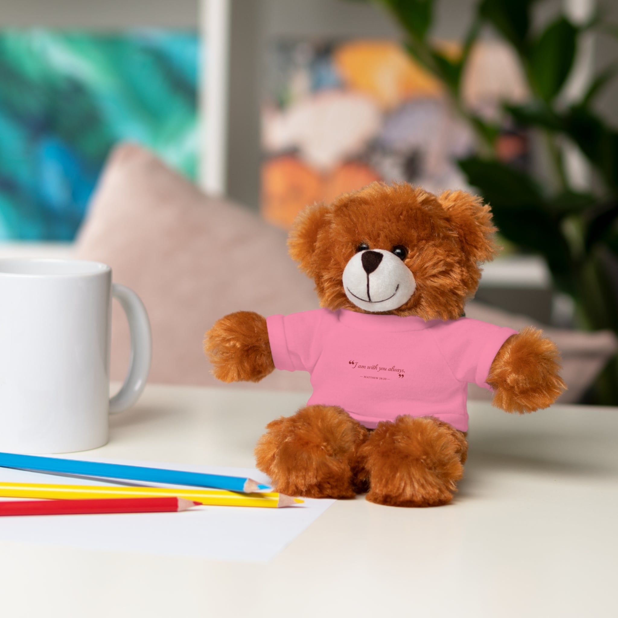 Plush Bear with “I am with you always.” — Matthew 28:20 Custom Tee – Soft Brown Teddy Gift
