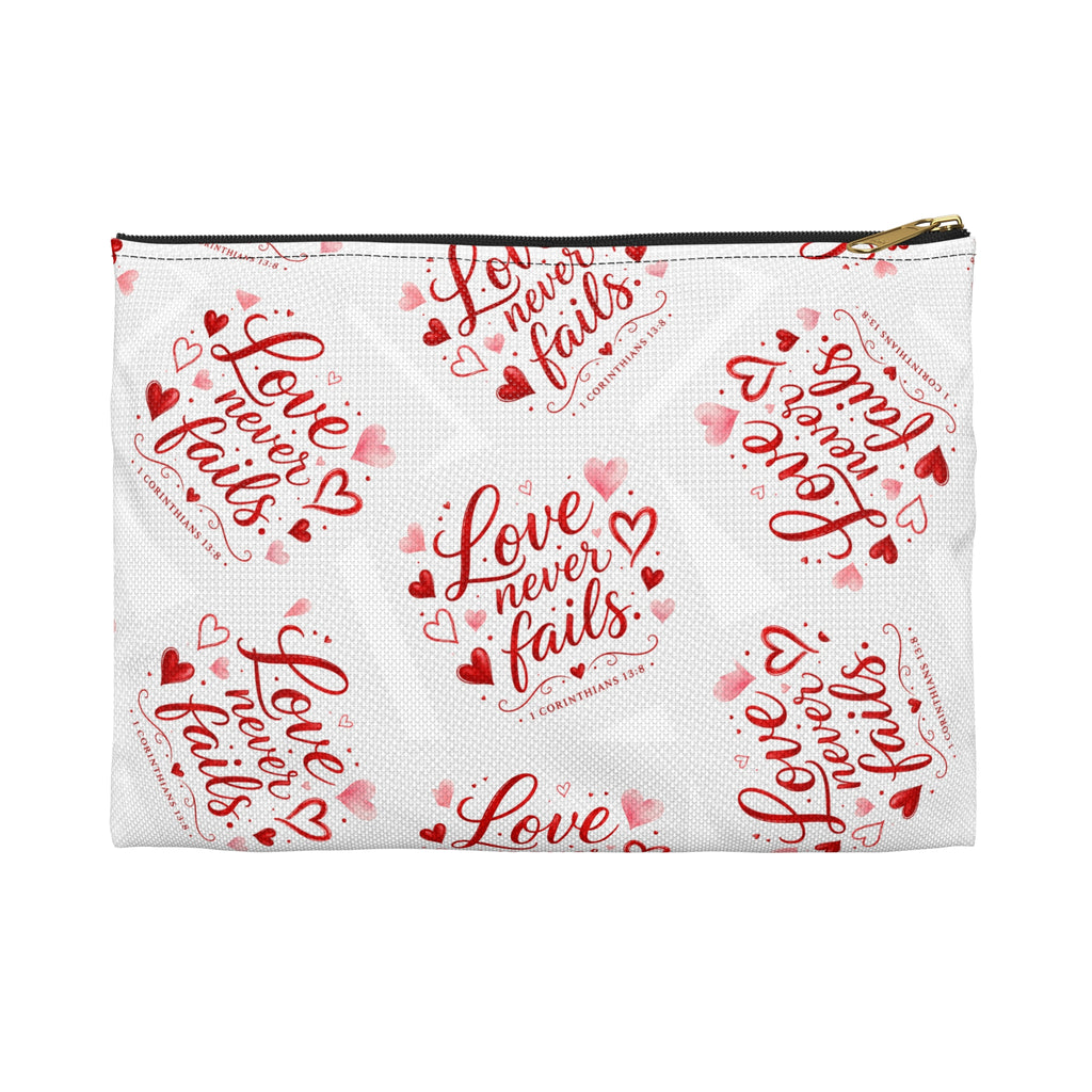 Love Never Fails Accessory Pouch — Valentine Heart Makeup & Travel Bag