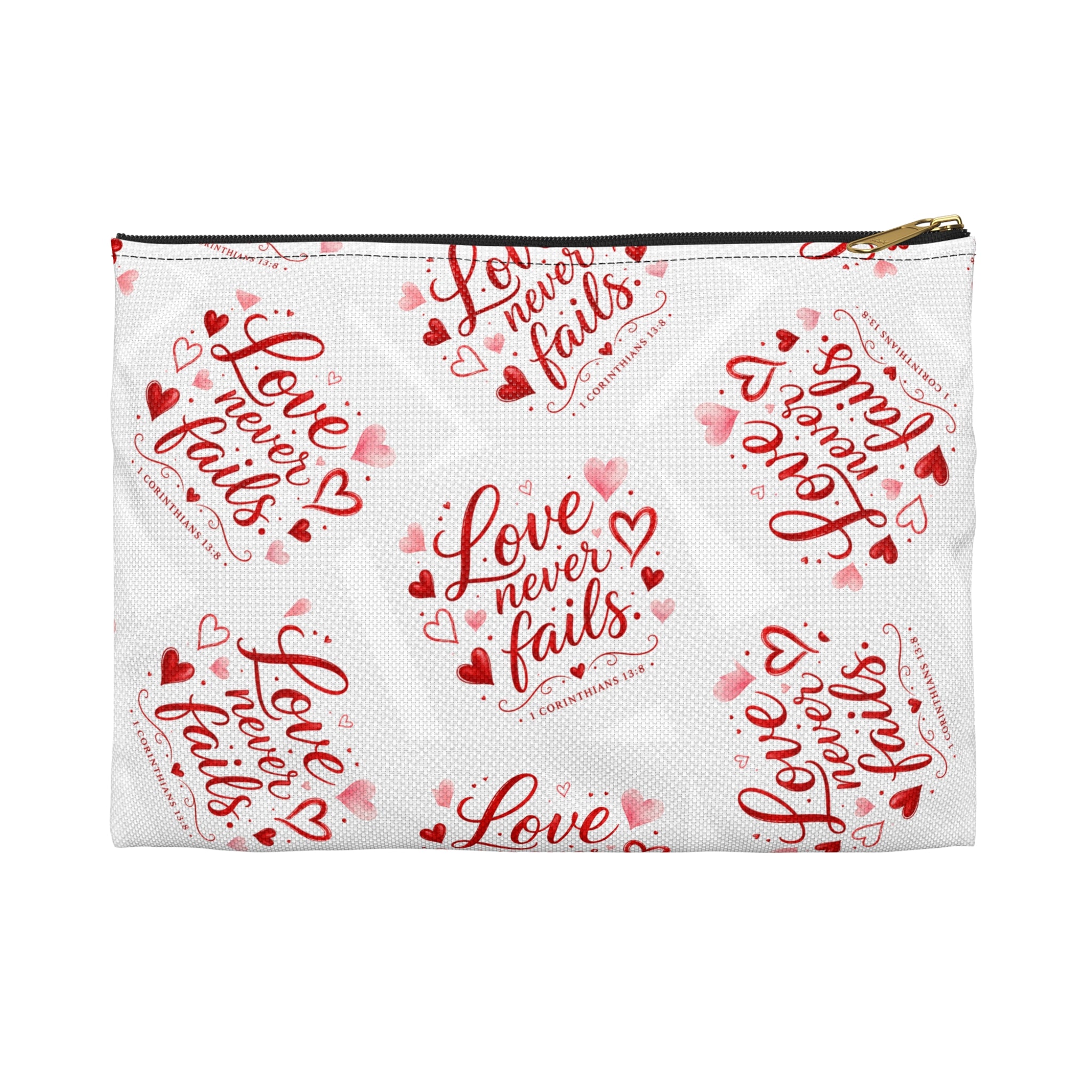 Love Never Fails Accessory Pouch — Valentine Heart Makeup & Travel Bag
